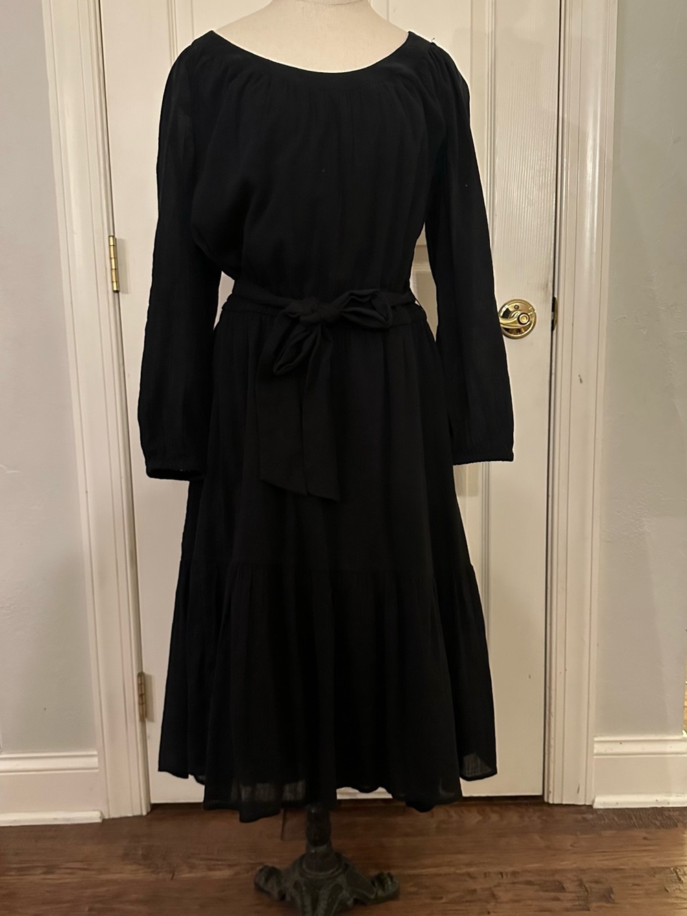 Talbots Black Long-Sleeve Tiered Midi Dress with Waist Tie
